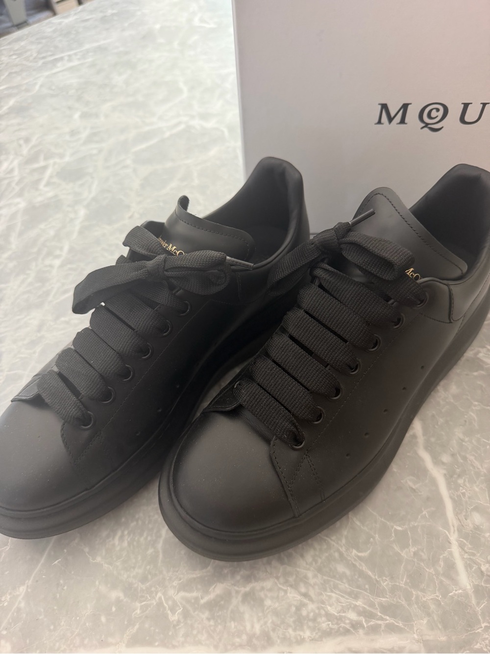 Alexander McQueen Oversized Men’s Matte Black Leather Low-Top Sneakers - size 9.